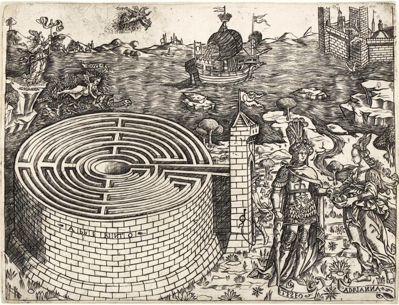 Black and white print of a maze