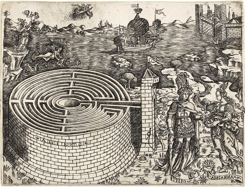 old woodcut of a maze